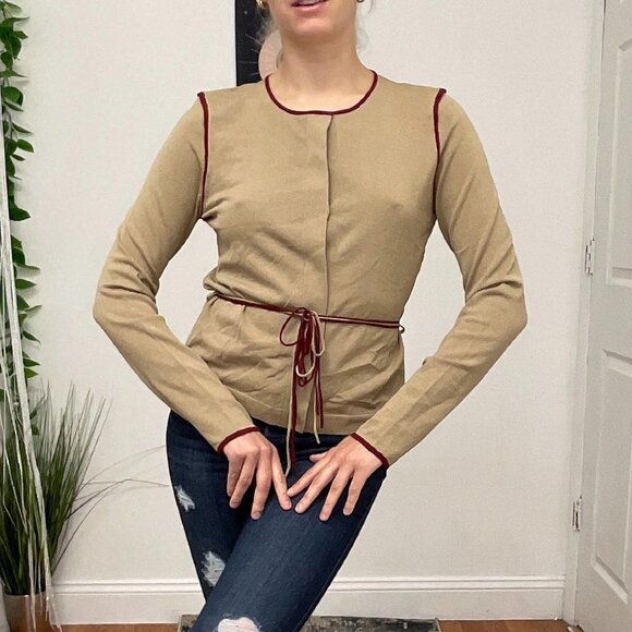 White + Warren Crew Neck Button-Up Cardigan Sweater Tie-Waist Size S Tan - Picture 2 of 15